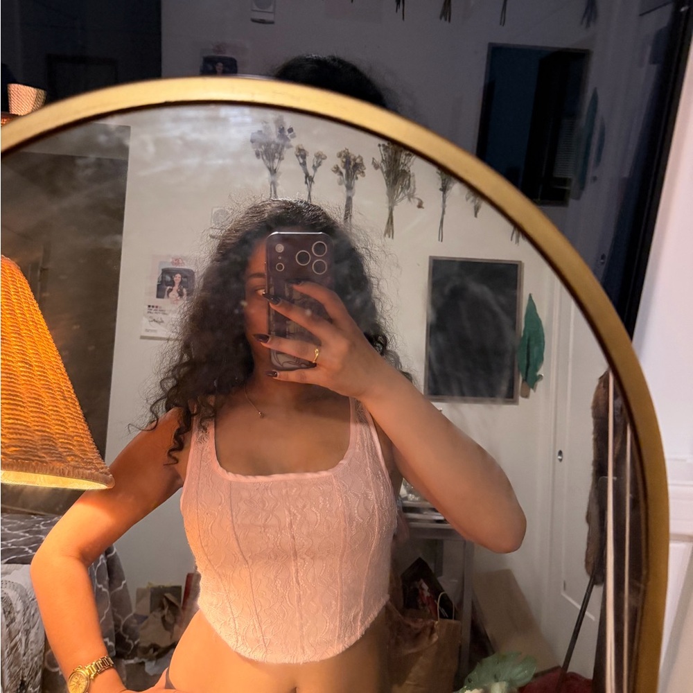 Pink Lace Knit Square-Neck Crop Top